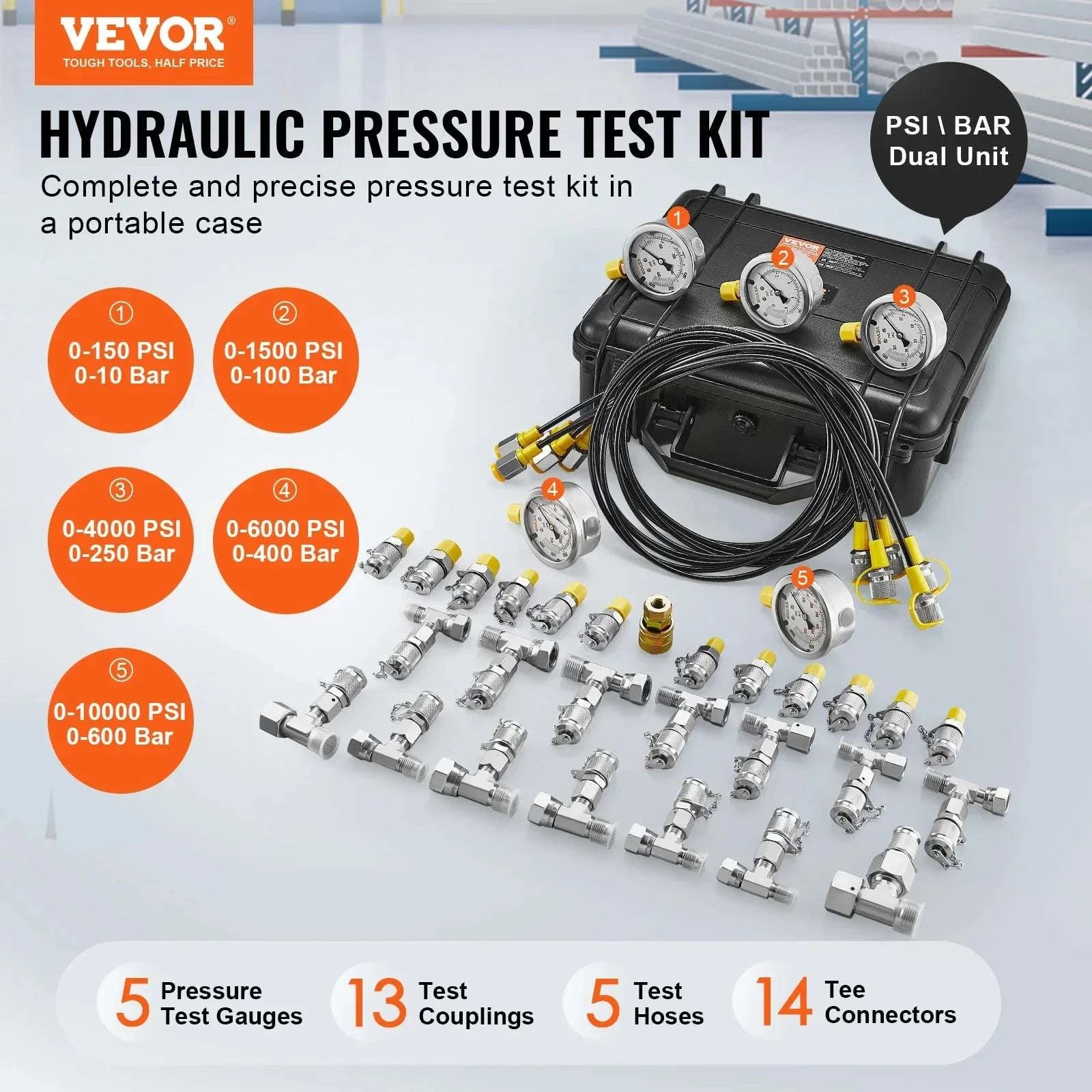 Hydraulic Pressure Test Kit with 5 Gauges & Full Adapter Set-3heads 9pieces