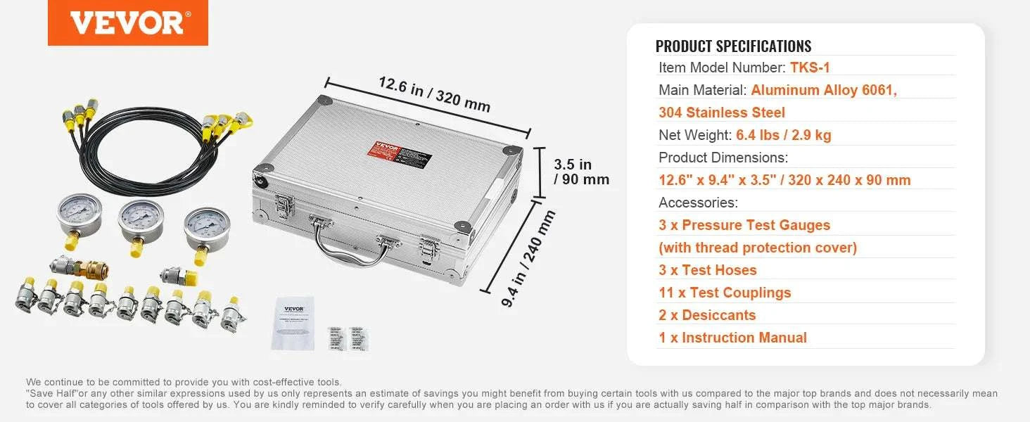Hydraulic Pressure Test Kit with 5 Gauges & Full Adapter Set-3heads 9pieces