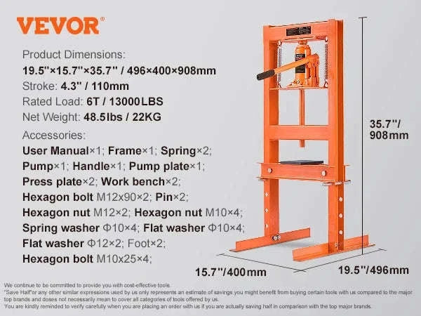 Hydraulic Shop Press 6-Ton H-Frame with Press Plates-6T / United States