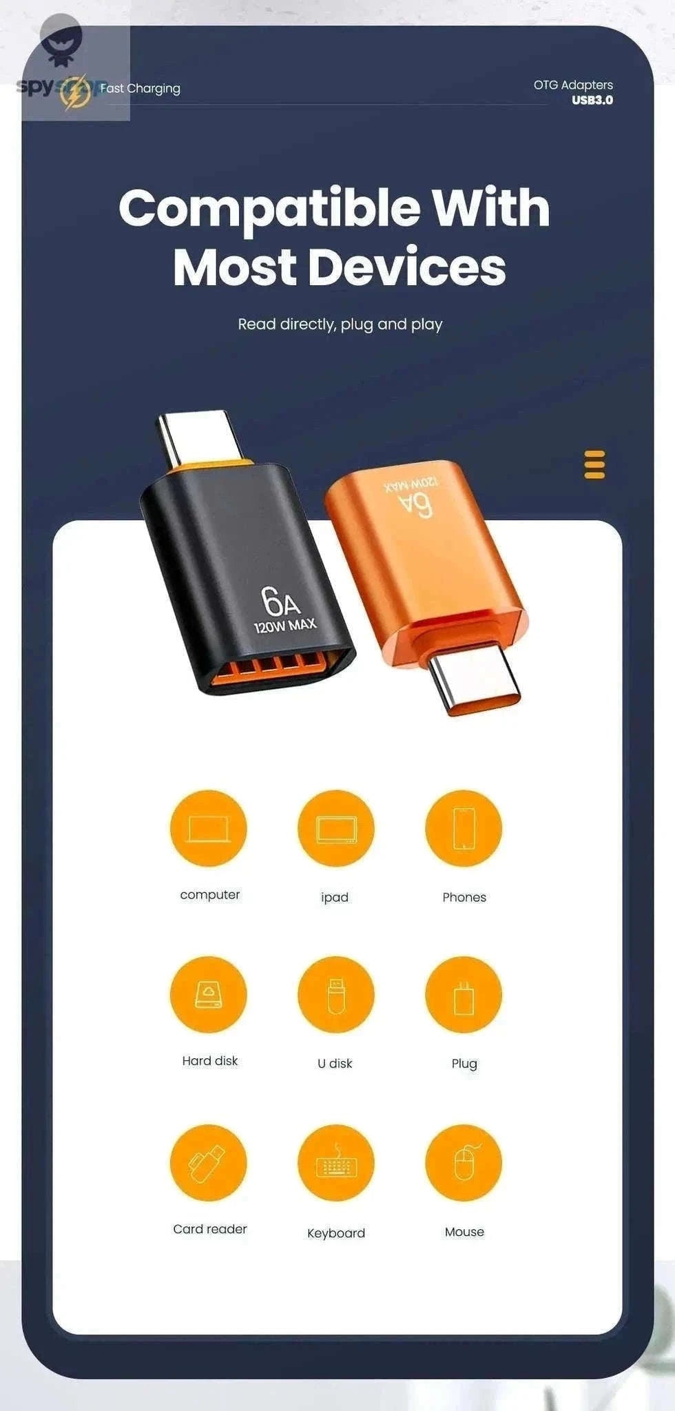 HyperLink 10A OTG USB-C Adapter for Fast Charging and USB 3.0-BlackA