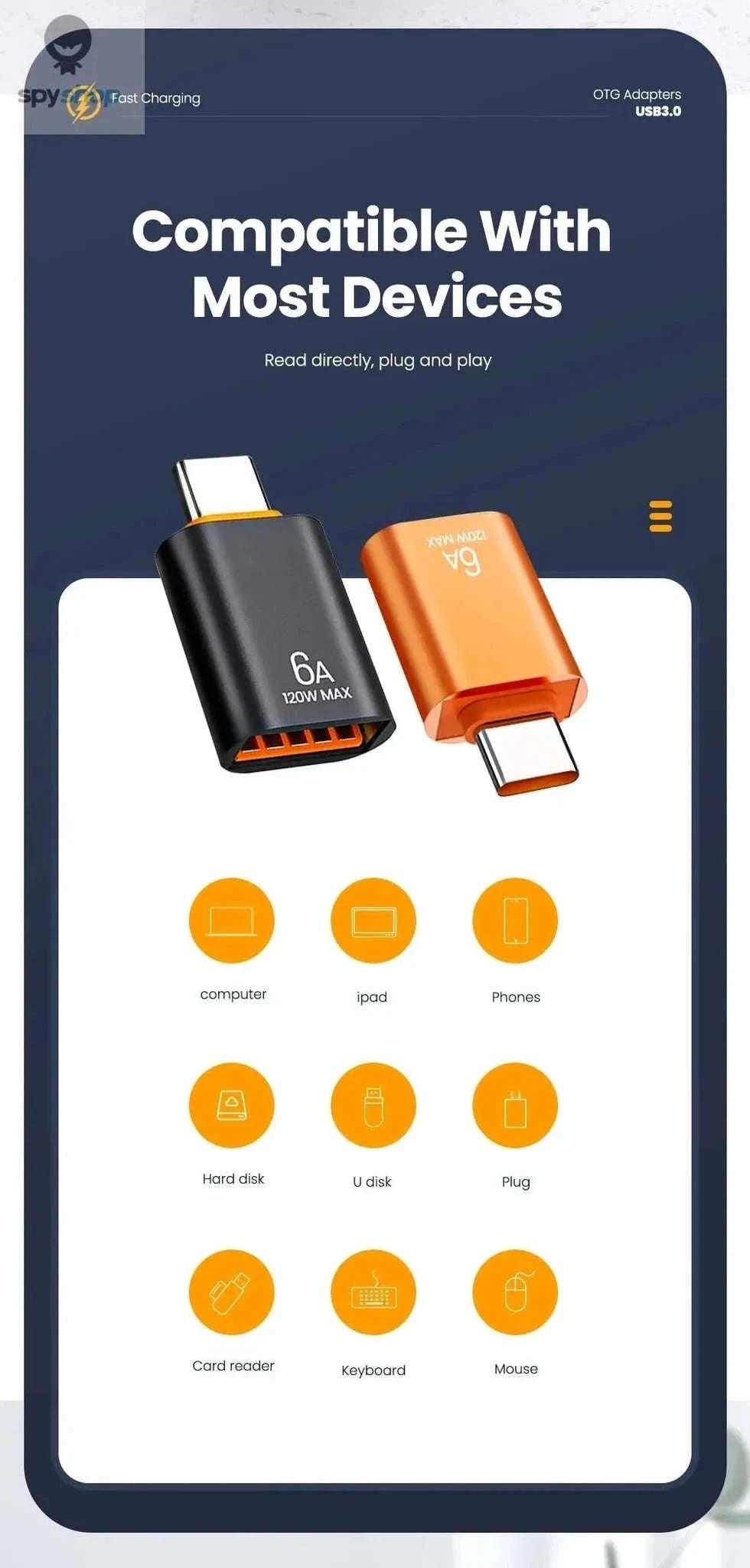 HyperLink 10A OTG USB-C Adapter for Fast Charging and USB 3.0-BlackA