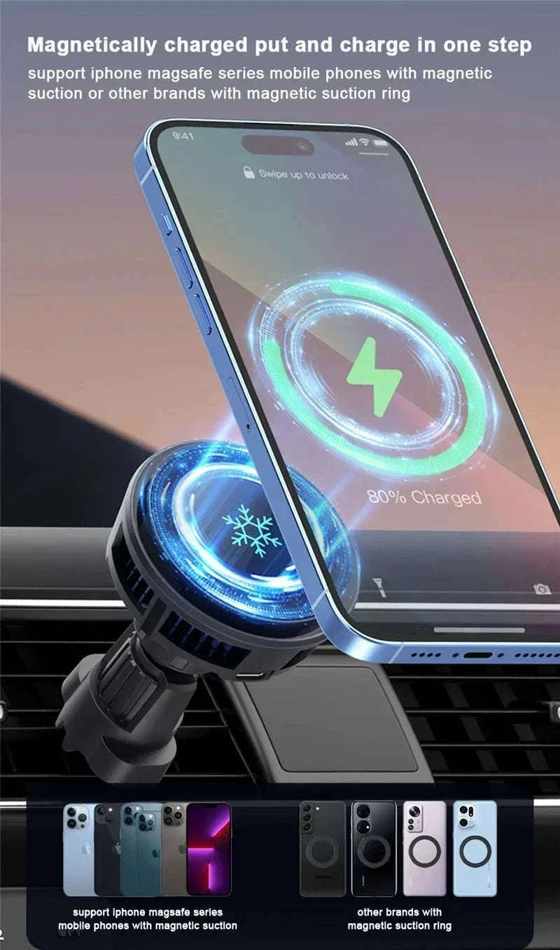 Ice Cooling Magnetic Car Charger Stand with 15W Wireless Charging-Black