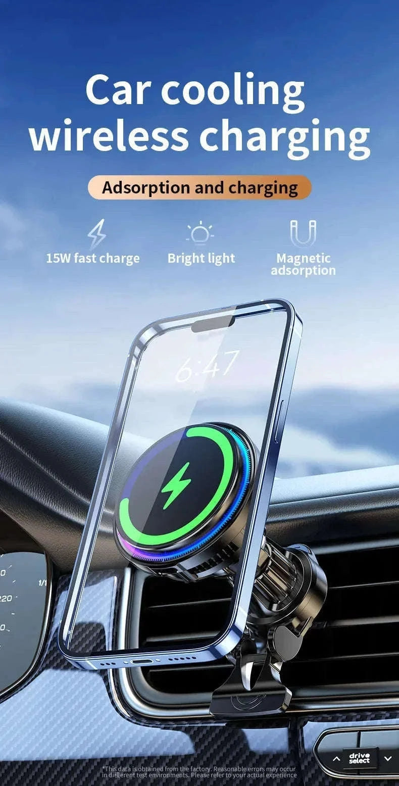 Ice Cooling Magnetic Car Charger Stand with 15W Wireless Charging-Black
