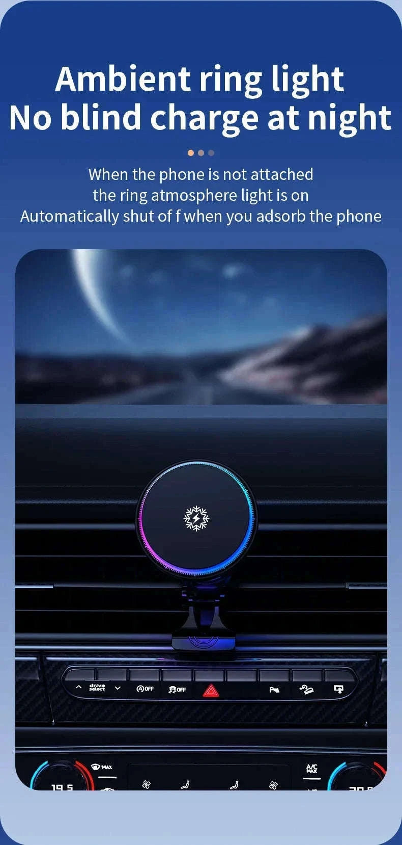 Ice Cooling Magnetic Car Charger Stand with 15W Wireless Charging-Black