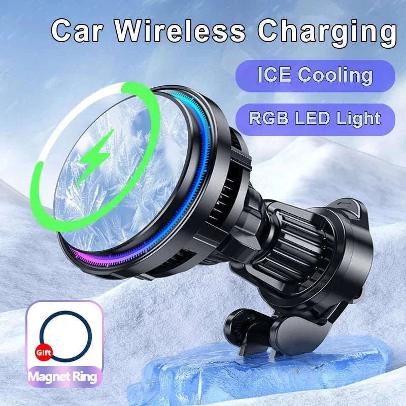 Ice Cooling Magnetic Car Charger Stand with 15W Wireless Charging-Black