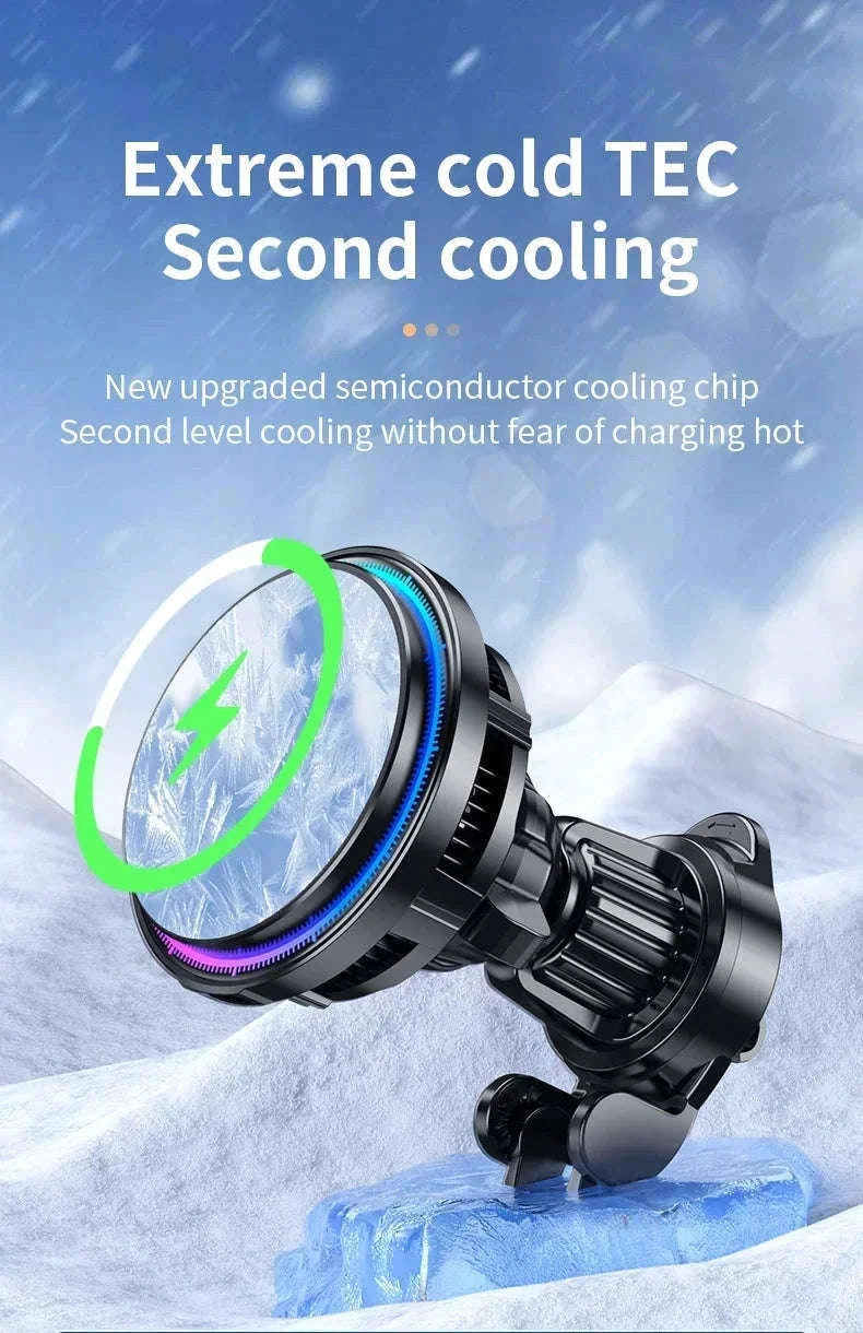 Ice Cooling Magnetic Car Charger Stand with 15W Wireless Charging-Black