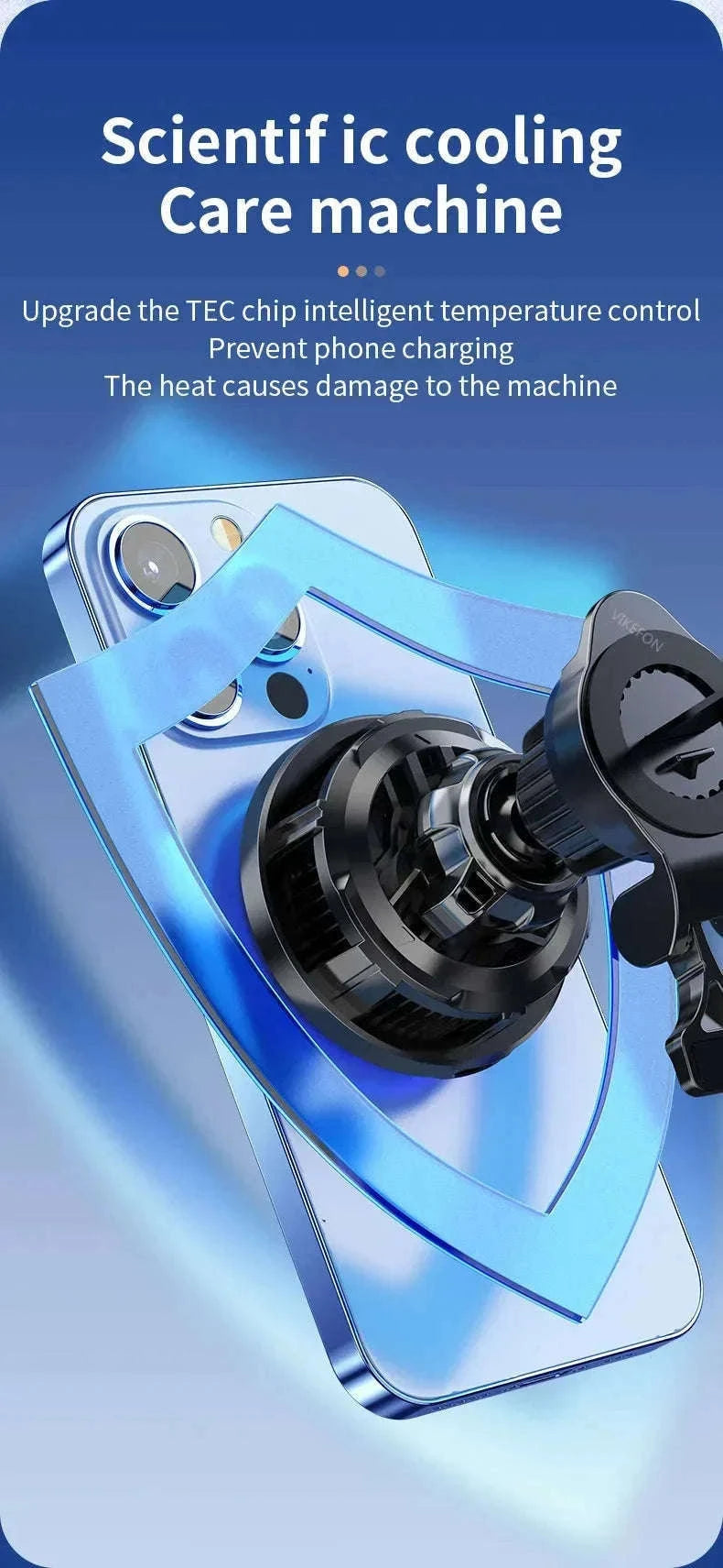 Ice Cooling Magnetic Car Charger Stand with 15W Wireless Charging-Black