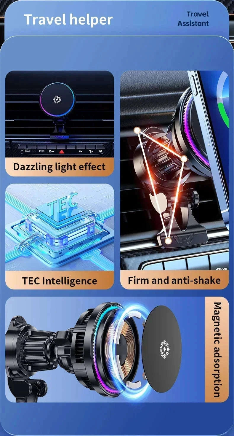 Ice Cooling Magnetic Car Charger Stand with 15W Wireless Charging-Black