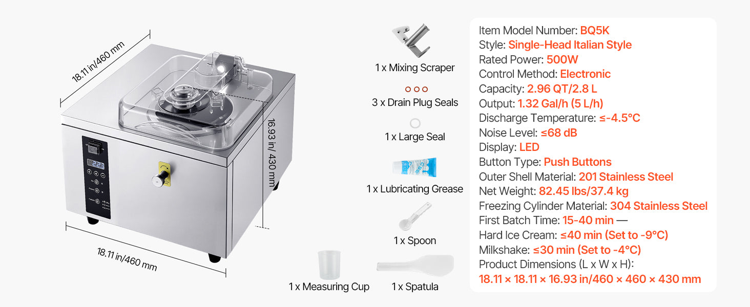 Commercial Hard Ice Cream Machine 500W 1.32 Gal/Hour 2.8L Cylinder