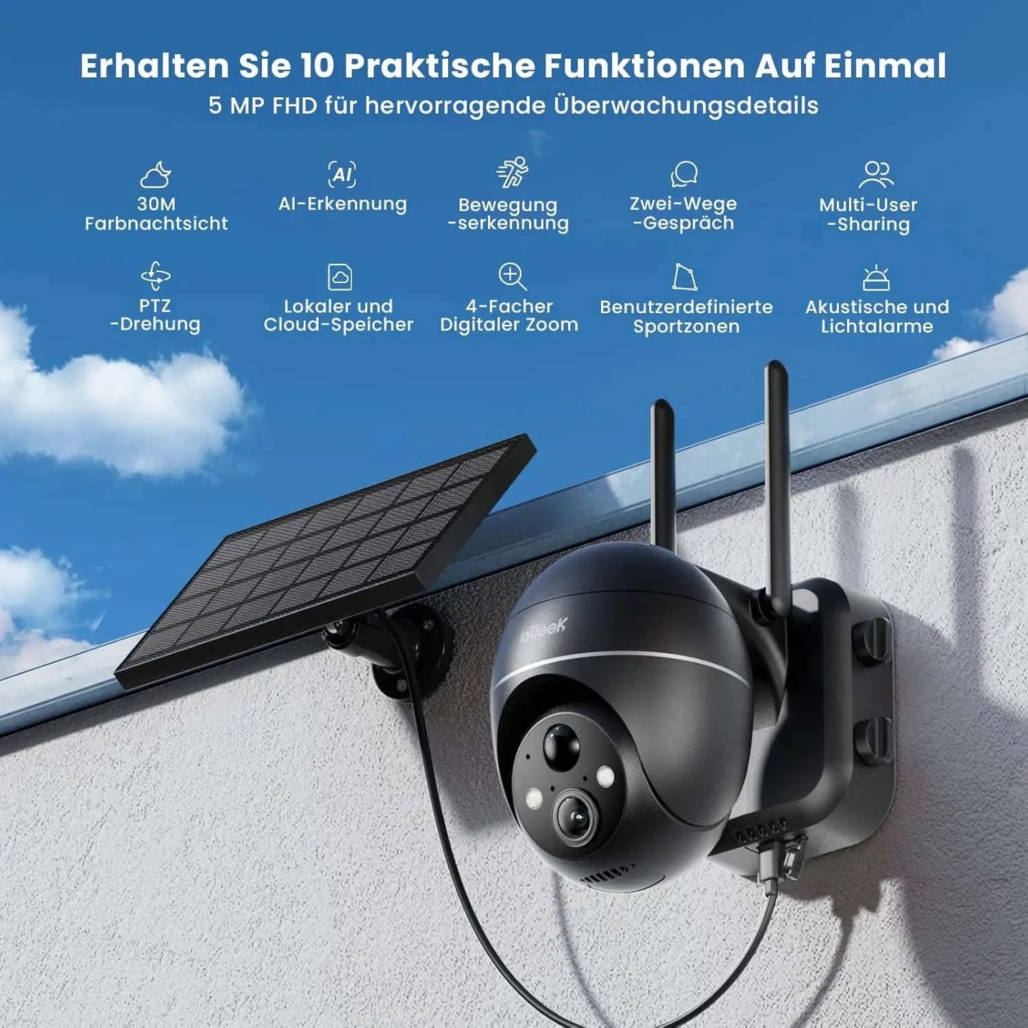 ieGeek 5MP Outdoor PTZ Security Camera with Solar Panel-Germany