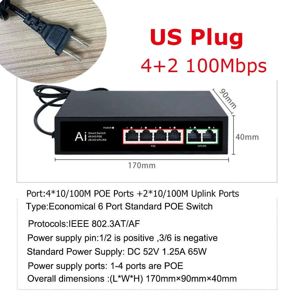 Ienron PoE Switch - 6/10 Port 100Mbps Ethernet-100M X 1000M EU / CHINA