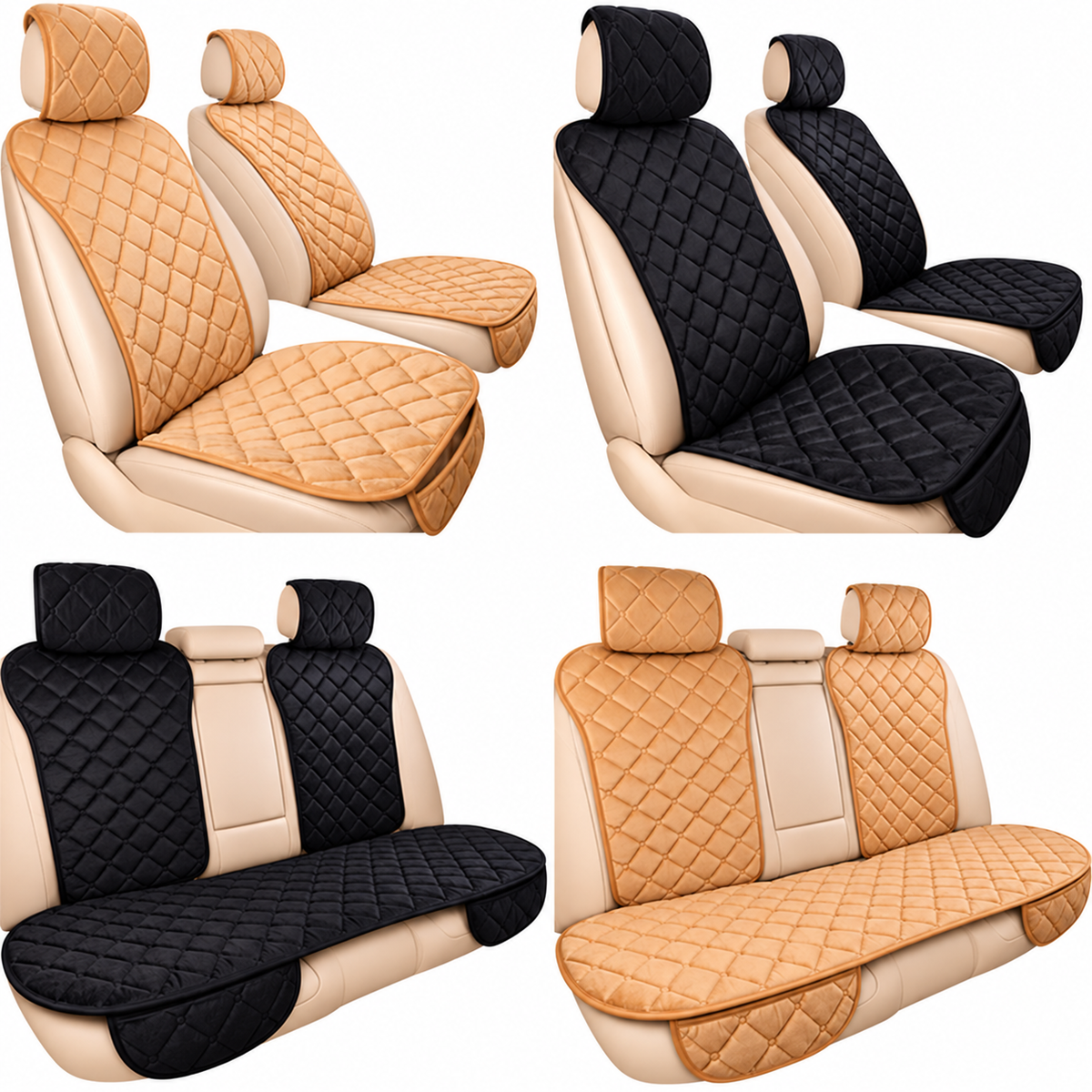 Plush Car Seat Covers – Front or Rear, Black/Grey/Khaki