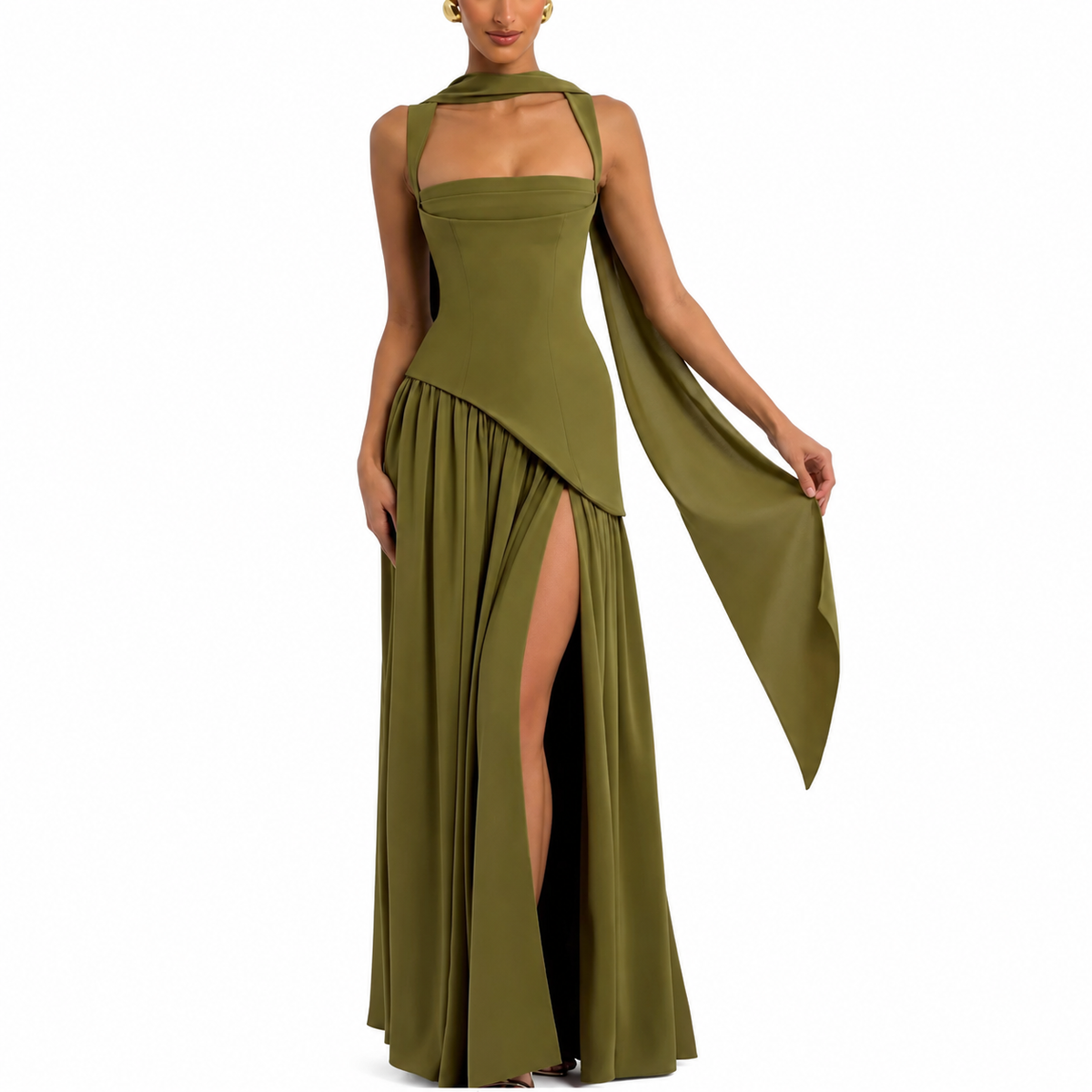 Olive Green Maxi Dress with Matching Scarf