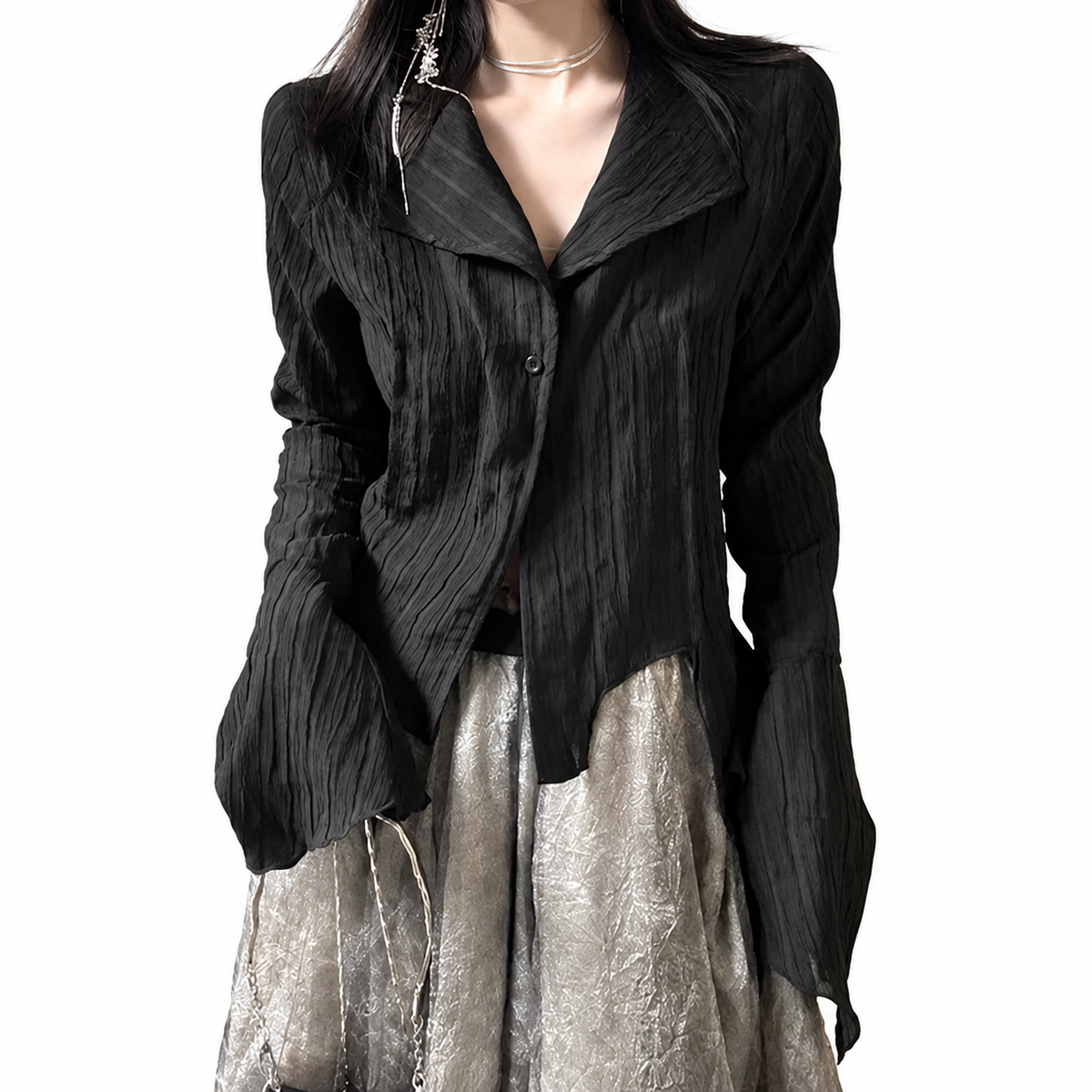 Women's Black Asymmetric Button-Front Blouse