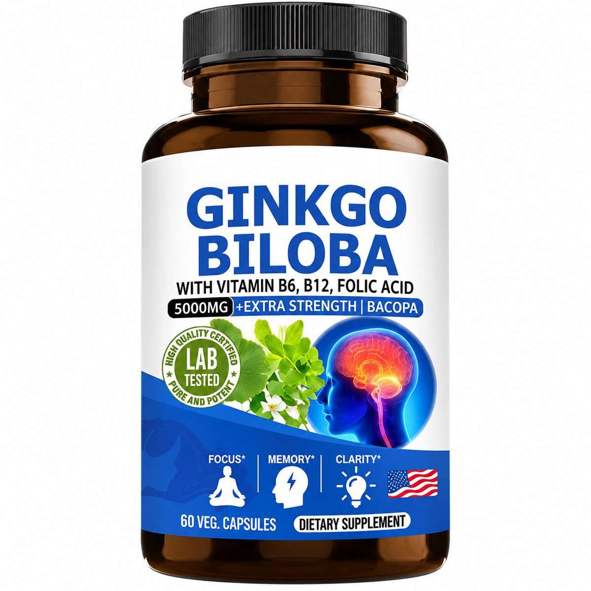 Ginkgo, Vitamin B6 and B12 Supplement Capsules