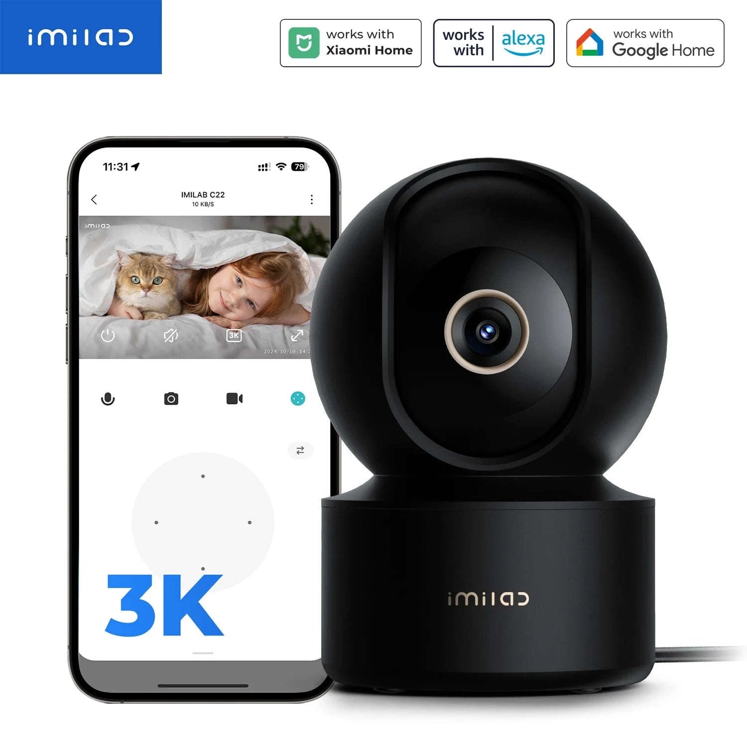 IMILAB C22 WiFi Baby Monitor with 360° PTZ and AI Tracking-C22 black No Plug / China Mainland