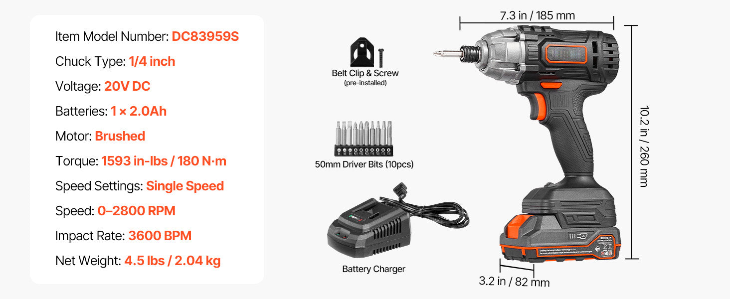 20V Cordless Impact Driver 2800 RPM with Battery, Bits & LED Light
