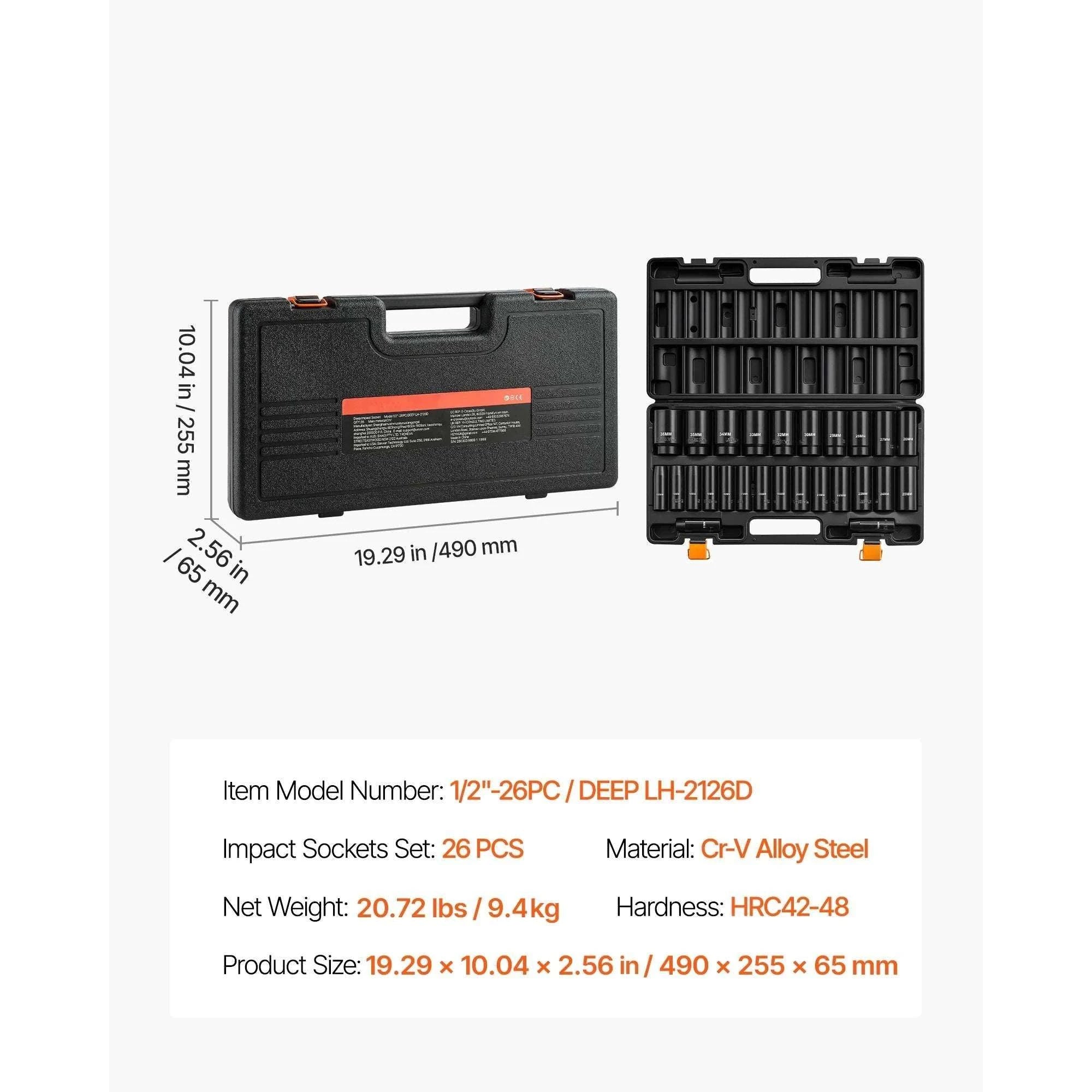 Impact Socket Set 1/2" Drive 6-Point Cr-V Steel 26–65 Pieces-65 Pieces / United States