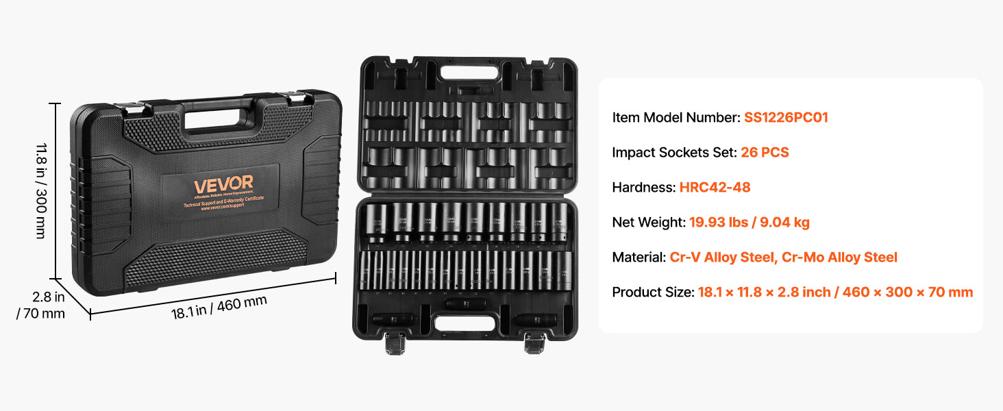 Set udarnih nasadnih ključeva 1/2'' pogon SAE i metrički, duboki/standardni 26–65 komada
