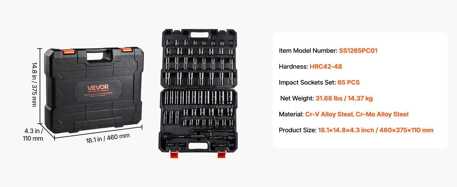 Set udarnih nasadnih ključeva 1/2'' pogon SAE i metrički, duboki/standardni 26–65 komada