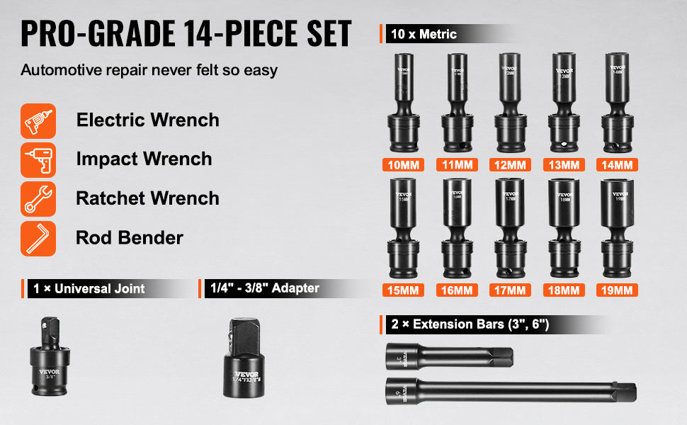 3/8" Draaibare Slagmoersleutelset 14-delig Metrisch 10–19mm Cr-Mo Staal