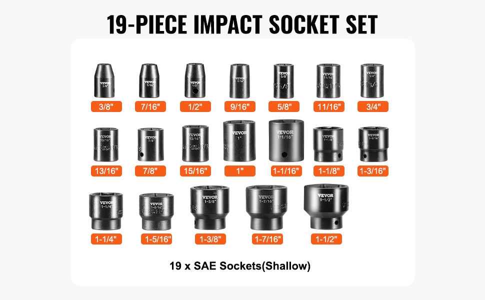 Set udarnih nasadnih ključeva 1/2 inča, 19 komada, 6-kutni, teški tip