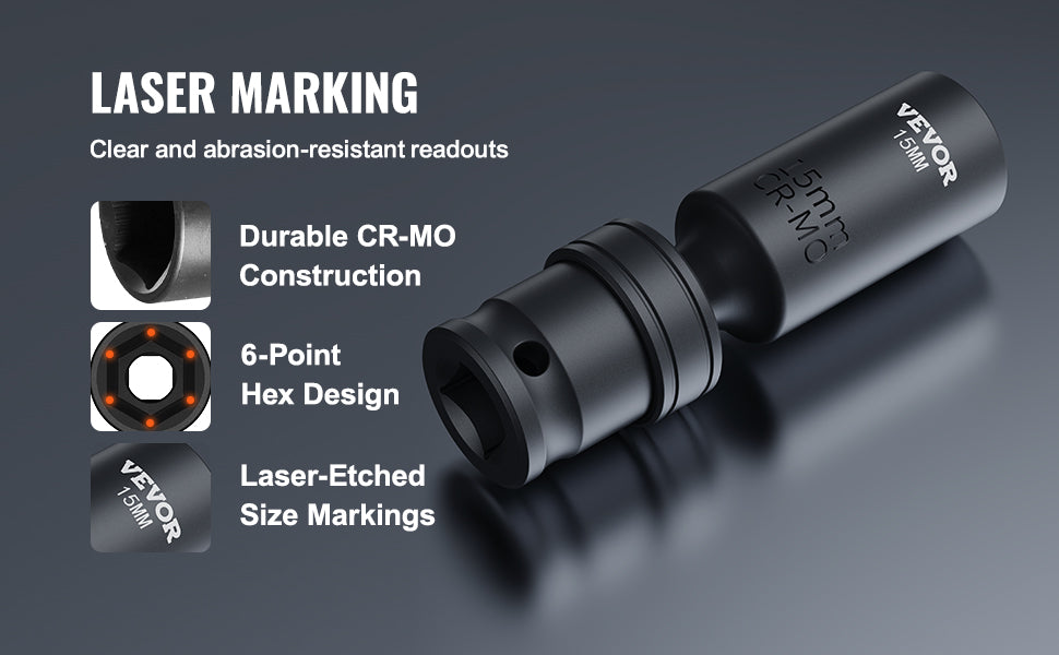 3/8" Draaibare Slagmoersleutelset 14-delig Metrisch 10–19mm Cr-Mo