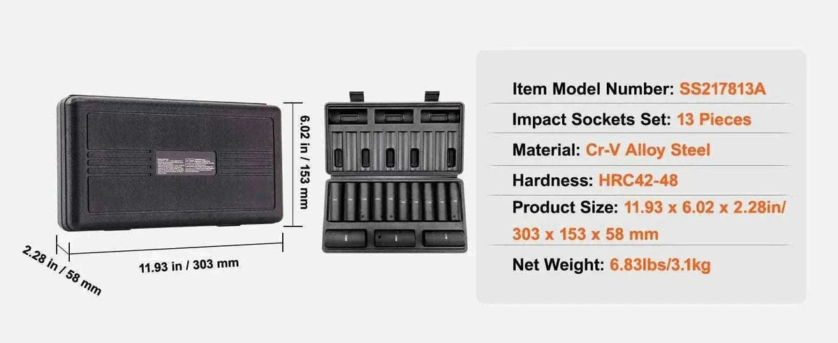 Impact Socket Set SAE & Metric Cr-V/Cr-Mo 13–90 Piece Tool Kit-Cr-Mo 34PCs / United States