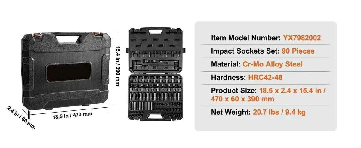 Impact Socket Set SAE & Metric Cr-V/Cr-Mo 13–90 Piece Tool Kit-Cr-Mo 34PCs / United States