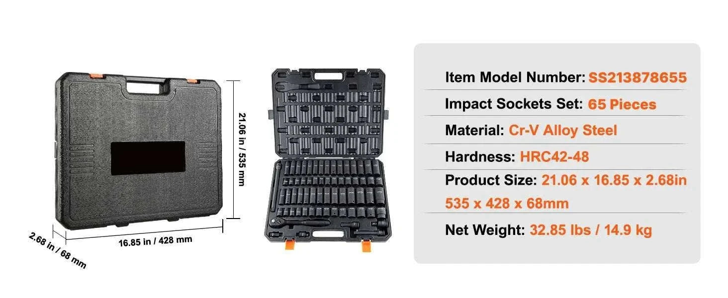 Impact Socket Set SAE & Metric Cr-V/Cr-Mo 13–90 Piece Tool Kit-Cr-Mo 34PCs / United States