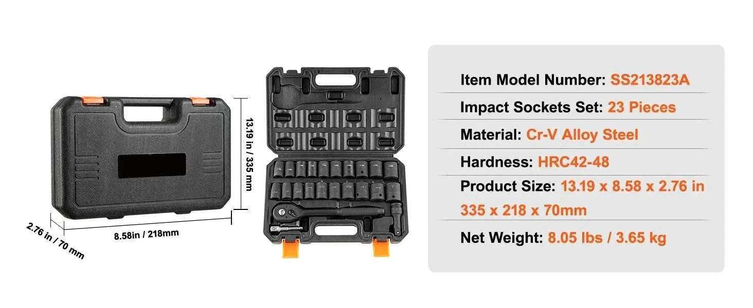 Impact Socket Set SAE & Metric Cr-V/Cr-Mo 13–90 Piece Tool Kit-Cr-Mo 34PCs / United States