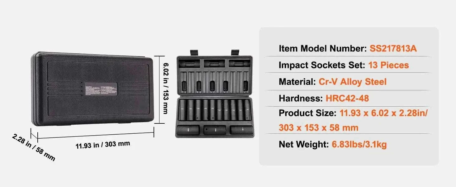 Impact Socket Set SAE & Metric Cr-V/Cr-Mo 13–90 Piece Tool Kit-Cr-Mo 34PCs / United States