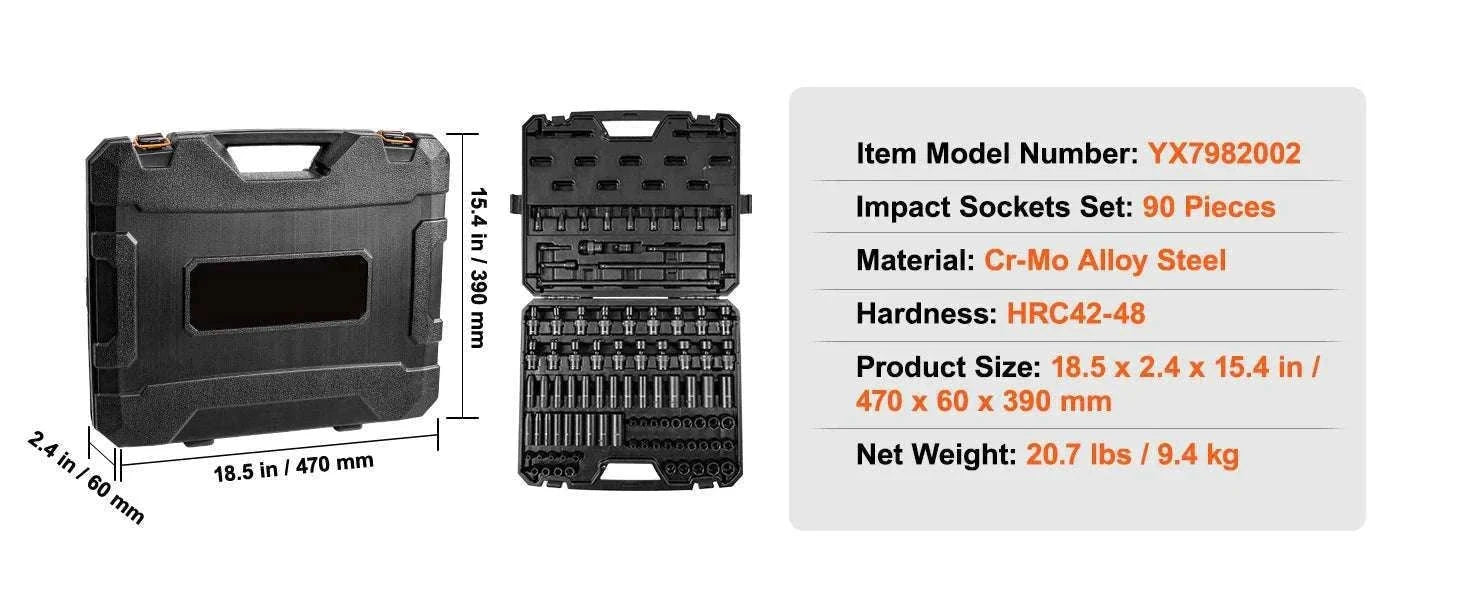 Impact Socket Set SAE & Metric Cr-V/Cr-Mo 13–90 Piece Tool Kit-Cr-Mo 34PCs / United States