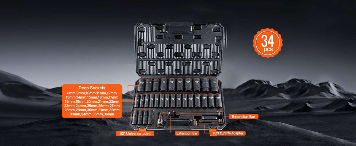 Impact Socket Set SAE & Metric Cr-V/Cr-Mo 13–90 Piece Tool Kit-Cr-Mo 34PCs / United States