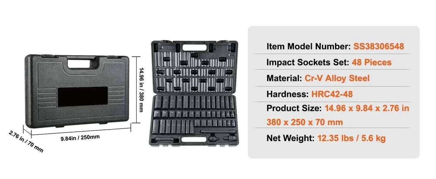 Impact Socket Set SAE & Metric Cr-V/Cr-Mo 13–90 Piece Tool Kit-Cr-Mo 34PCs / United States