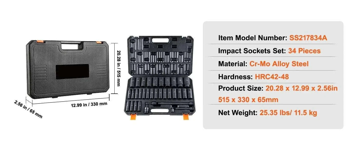 Impact Socket Set SAE & Metric Cr-V/Cr-Mo 13–90 Piece Tool Kit-Cr-Mo 34PCs / United States