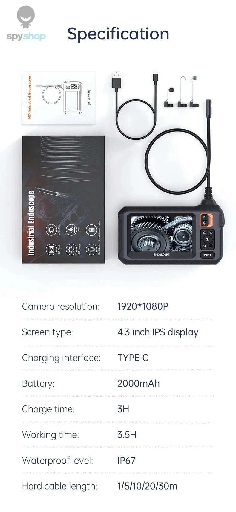 Industrial Endoscope Camera C30M – 1080P Inspection Scope with 4.3" IPS Screen-8MM Dual Lens / 10M