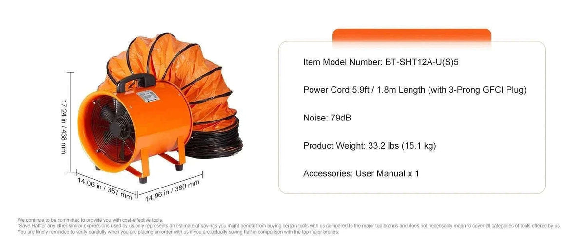 Industrial Exhaust Fan with 5M Duct High Airflow Ventilation Blower-367W 12inch / GERMANY