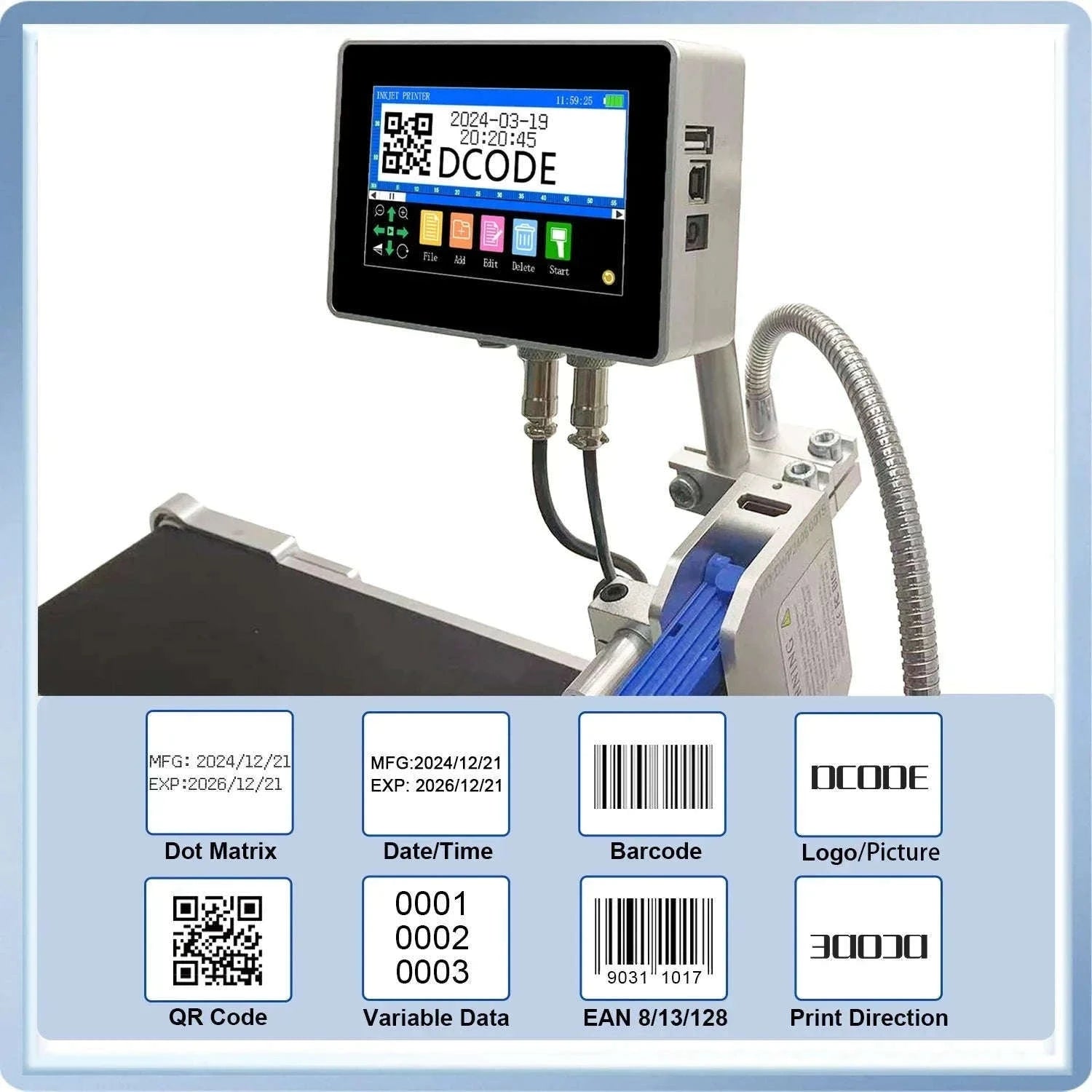 Industrial Inkjet Printer 600dpi QR Barcode Date Coding Machine-12.7mm with 1 ink / EU Plug