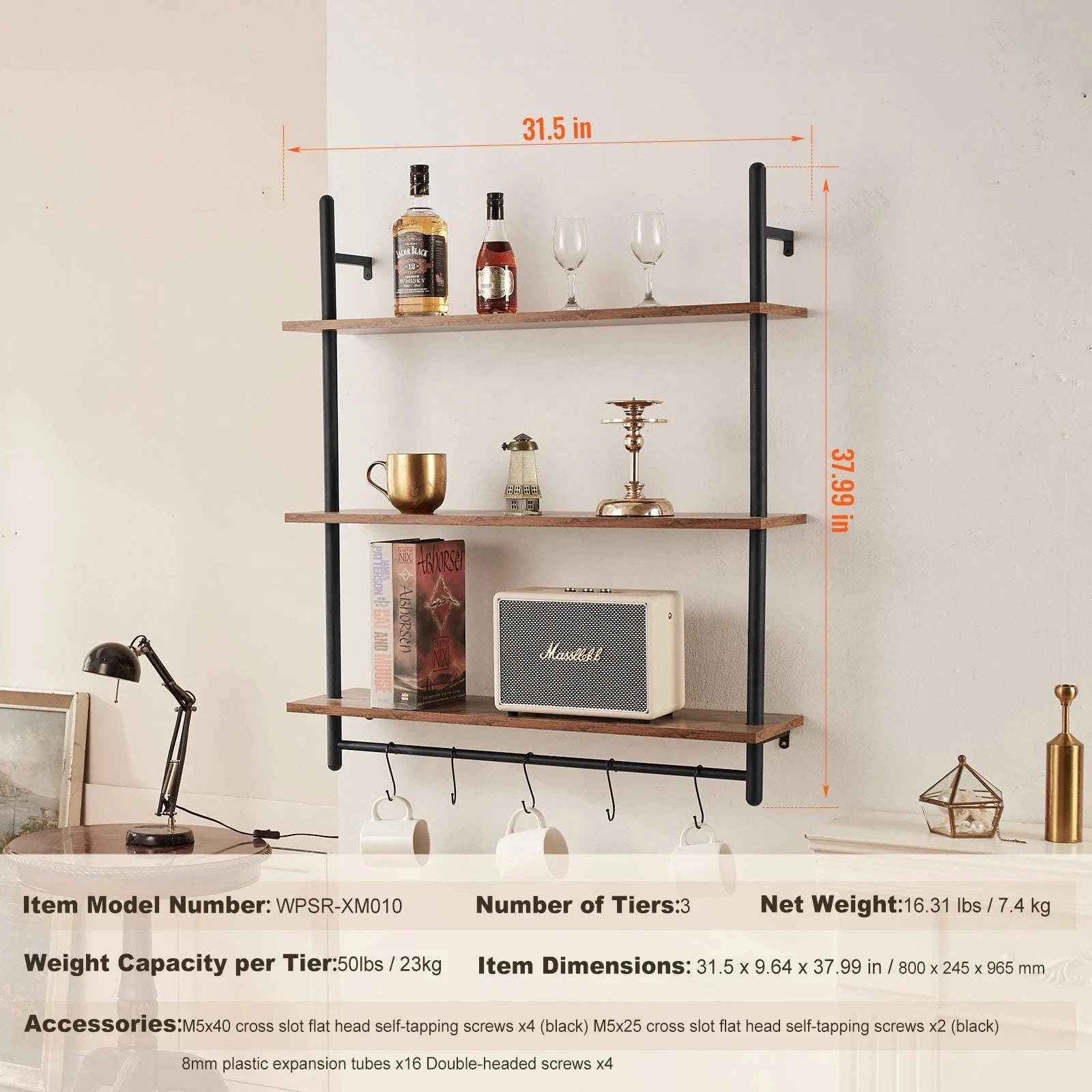 Industrial Pipe Wall Mount Floating Shelf Rack-4 Tiers 3 strokes / United States
