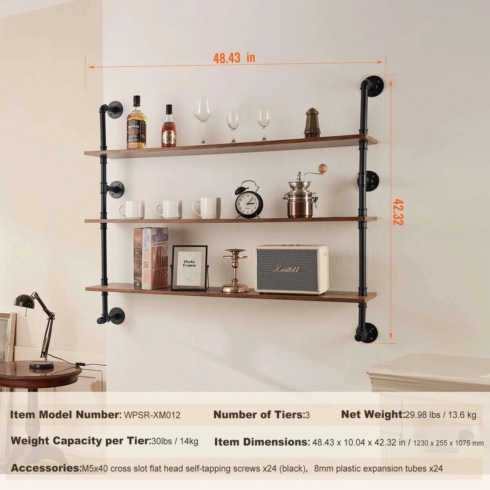 Industrial Pipe Wall Mount Floating Shelf Rack-4 Tiers 3 strokes / United States