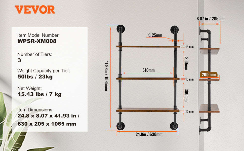 Industrial Pipe Wall Mount Floating Shelf Rack-4 Tiers 3 strokes / United States
