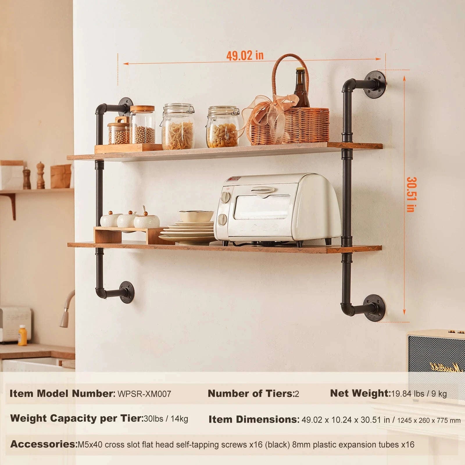 Industrial Pipe Wall Mount Floating Shelf Rack-4 Tiers 3 strokes / United States