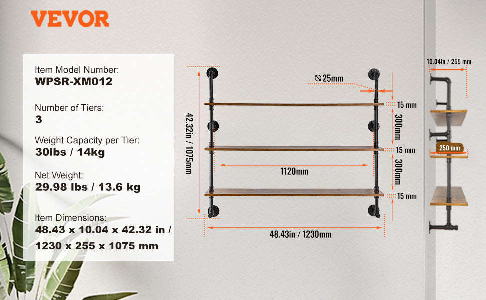 Industrial Pipe Wall Mount Floating Shelf Rack-4 Tiers 3 strokes / United States