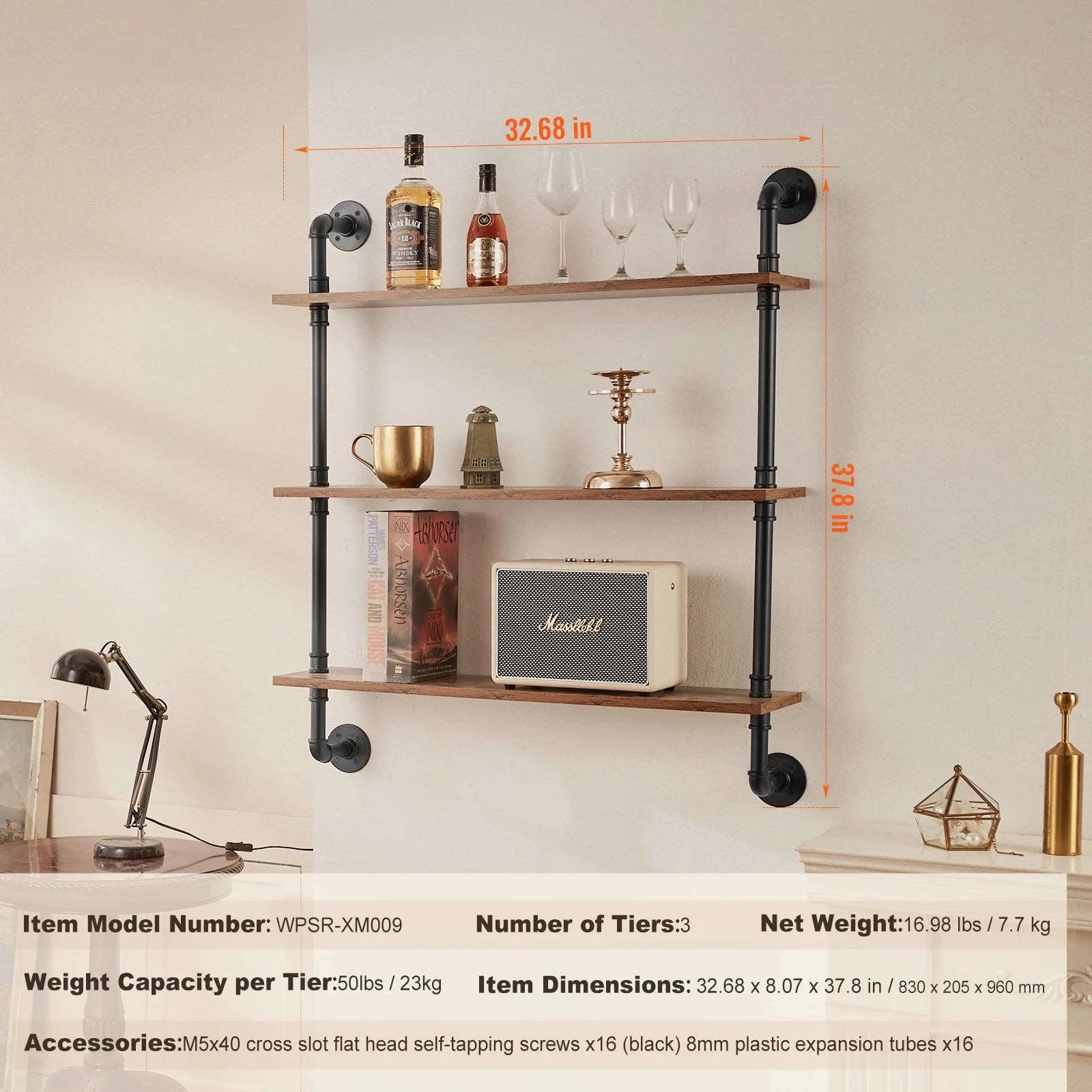 Industrial Pipe Wall Mount Floating Shelf Rack-4 Tiers 3 strokes / United States