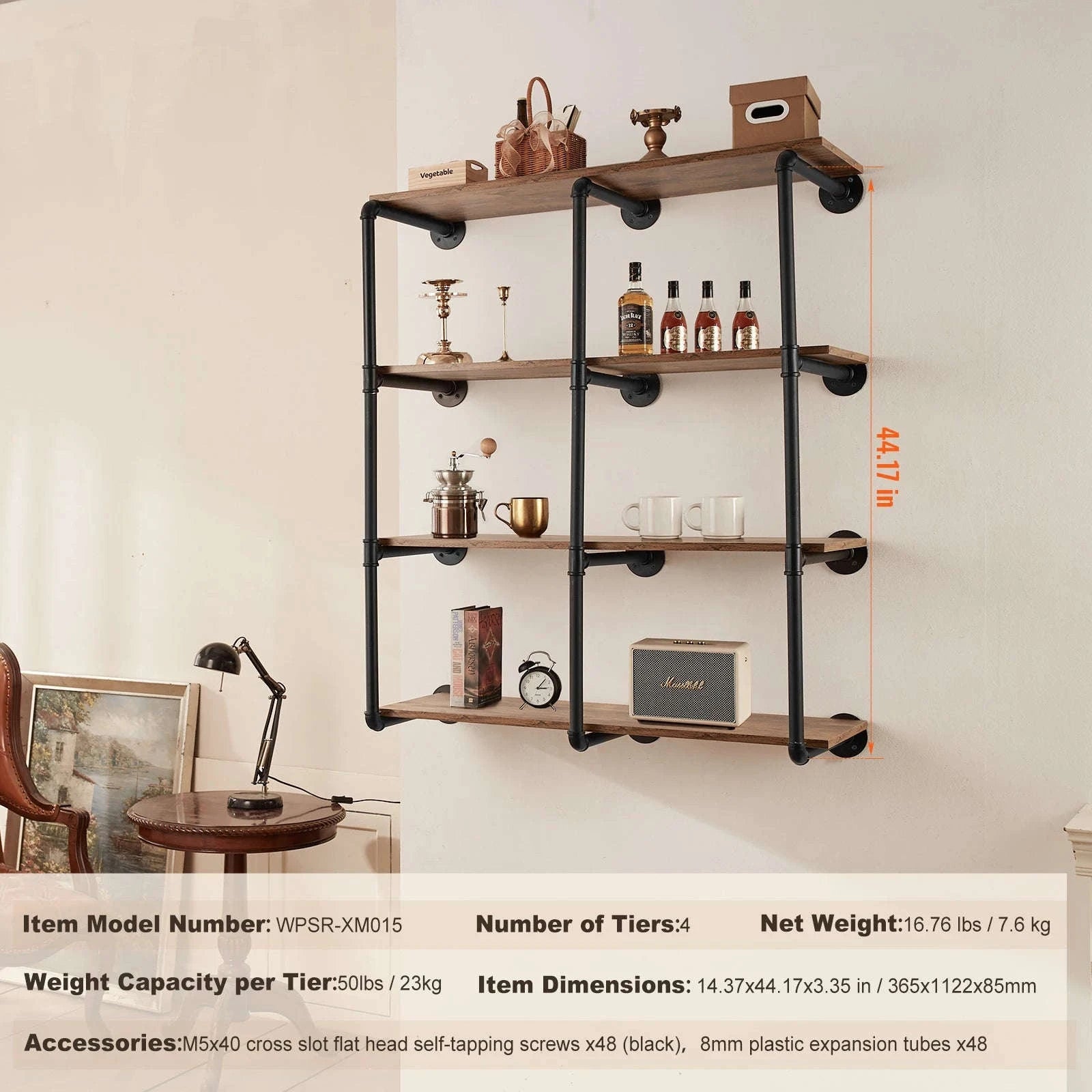 Industrial Pipe Wall Mount Floating Shelf Rack-4 Tiers 3 strokes / United States