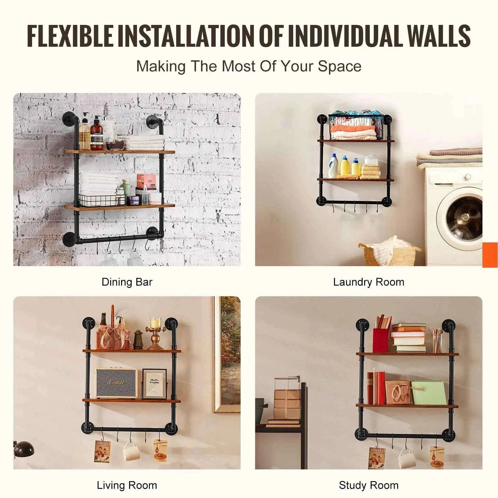 Industrial Pipe Wall Mount Floating Shelf Rack-4 Tiers 3 strokes / United States