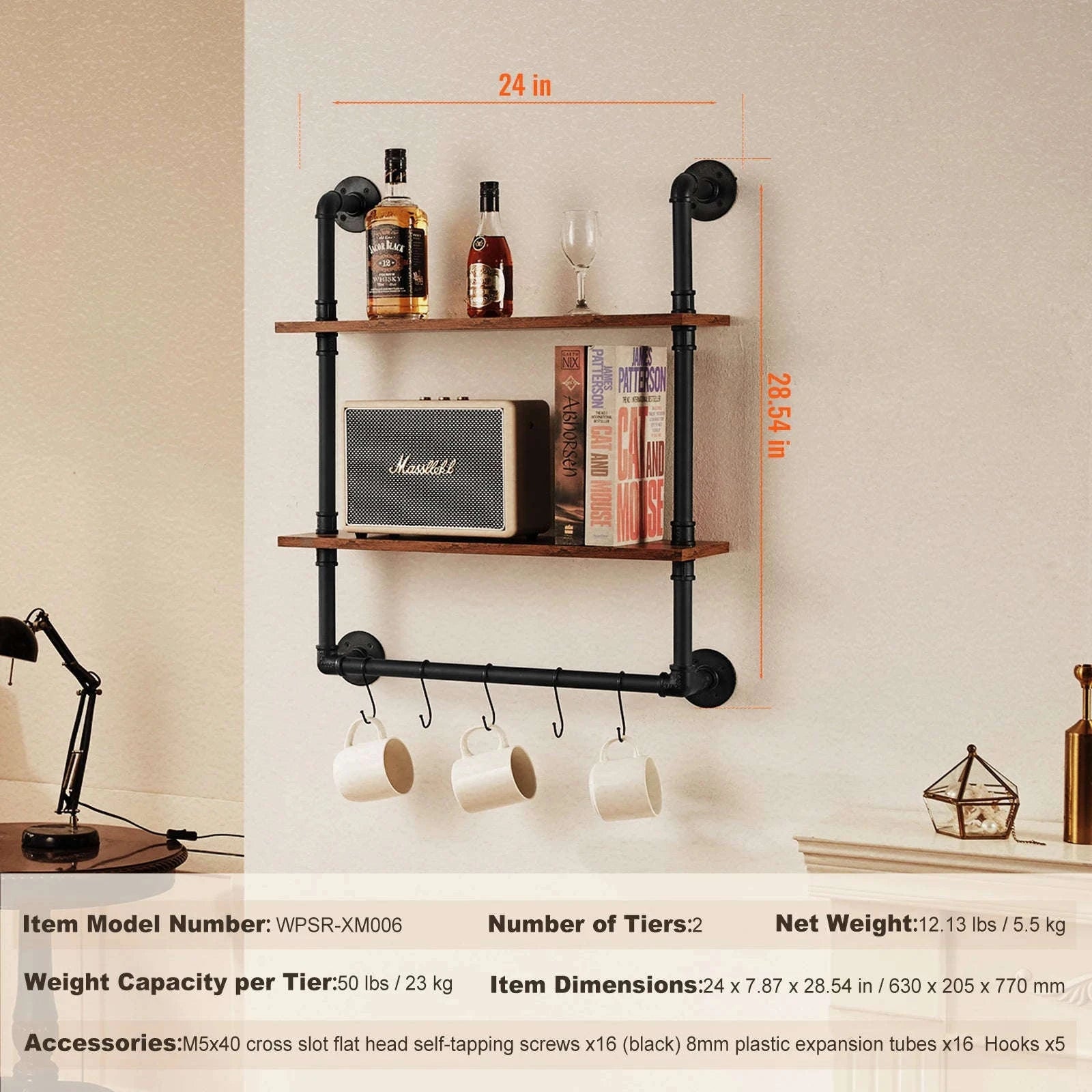 Industrial Pipe Wall Mount Floating Shelf Rack-4 Tiers 3 strokes / United States