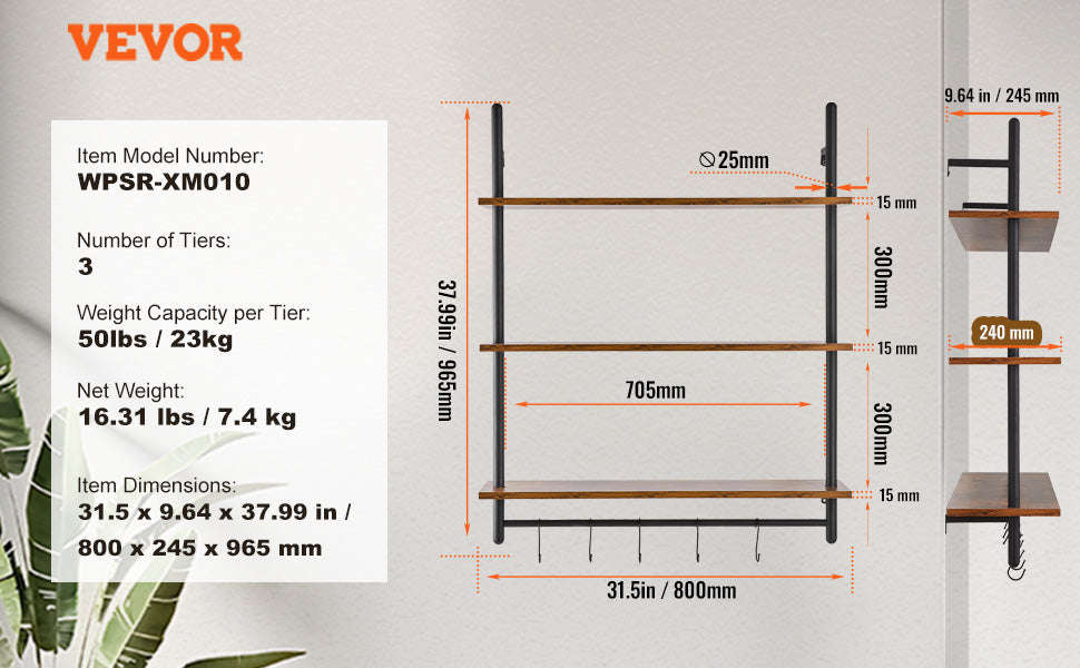 Industrial Pipe Wall Mount Floating Shelf Rack-4 Tiers 3 strokes / United States