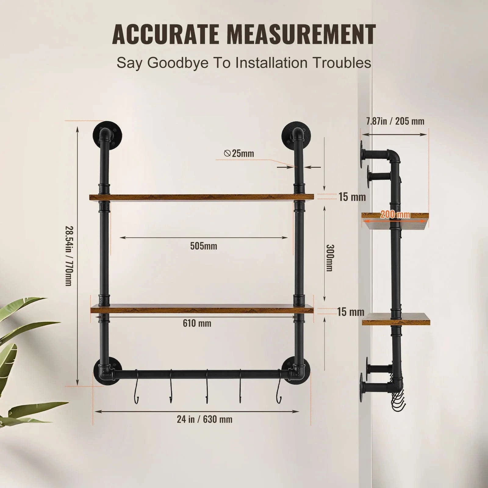 Industrial Pipe Wall Mount Floating Shelf Rack-4 Tiers 3 strokes / United States